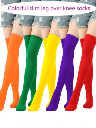 1 Pair Women's Colorful Thigh High Socks, Stylish Party & Cosplay Socks, Y2k