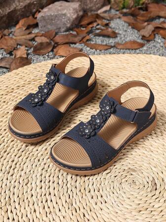 Plus Size 2025 New Casual Peep-Toe Roman Style Sandals, Women Open Toe Hook And Loop Strap Flat Slippers