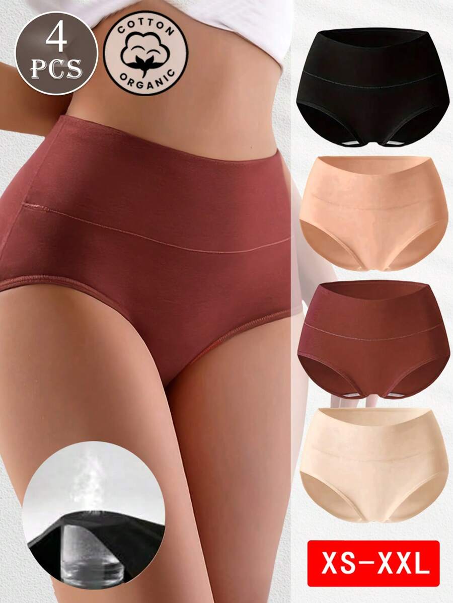 4 peças/conjunto Calcinha de Cintura Alta de Plus Size para Mulheres, Calcinha Triangular de Cor Pura e Controle de Barriga sem Costura, Roupa Íntima Básica