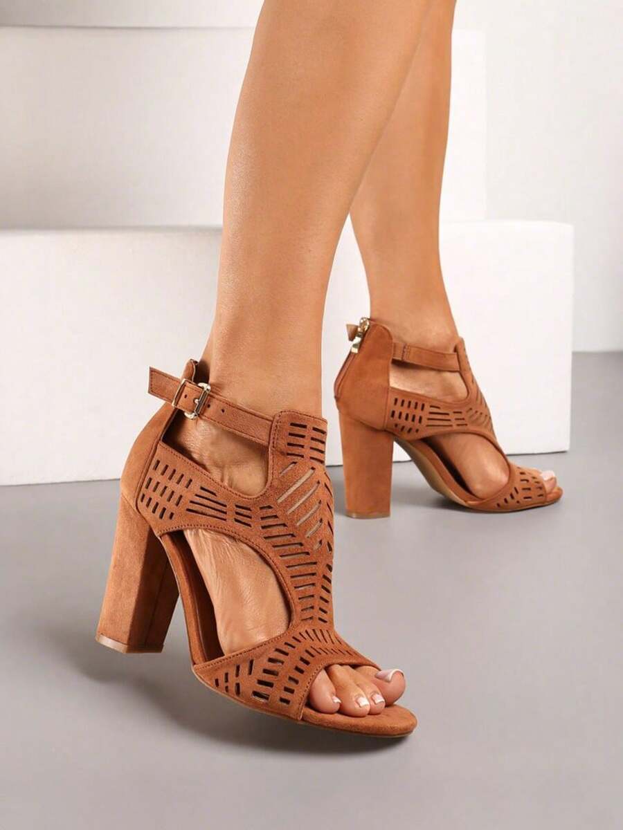 Elegant Women High Heels Sandals Peep Toe Hollow Summer Classic Comfortable Dress Shoes - 棕色 - 查看 1