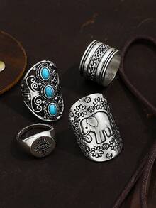 4pcs Bohemian Vintage Silver Elephant & Turquoise Inlaid Wide Ring Totem Eye Design Rings For Women - Antique Silver - View 2