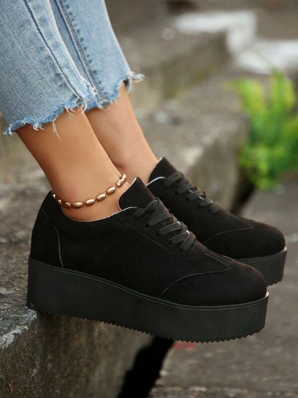 Women's Thick Sole Wedge Loafers, Solid Preppy College Bohemian Style Lace-Up Comfortable Platform Shoes