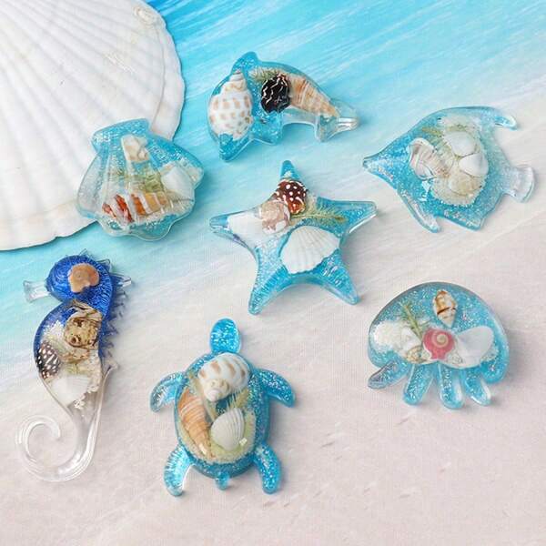 1pc New Ocean Craft Fridge Magnets Seahorse, Sea Turtle, Jellyfish, Water Droplet, Shell, Crystal Creative Gift, Real Shell Starfish 3D Travel Souvenir
