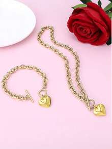 2pcs/Set 18K Gold Plated Bracelet Necklace Charm Chunky Stainless Steel Chain Heart Toggle Choker Jewelry Set For Women Girls Fashion Jewelry Set - Heart Shaped Necklace Bracelet Set - View 11