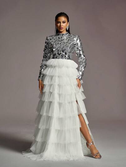 Elegant High Collar Wedding Dress For Brides, Featuring Sequin Decorated Fitted Bodice And Contrasting Multi-Layer Tulle Skirt - Perfect For Bridal Banquets, High-Fashion Photoshoots, And Glamorous Gala Events