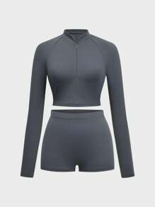 GAOVOT Women's Two Pieces Sexy Athleisure Running Exercise Yoga Long Sleeve Top And Shorts Set