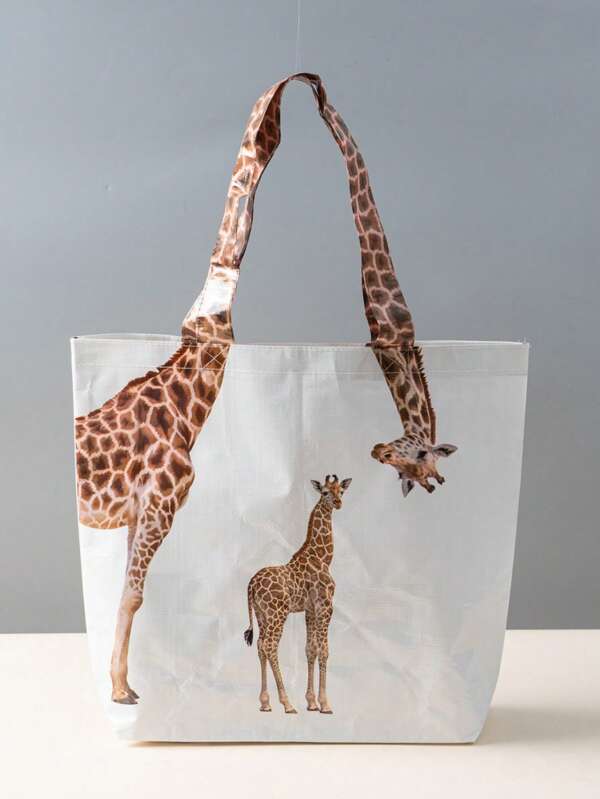1pc Whimsical Giraffe Pattern Tote Bag - Large Capacity, Waterproof, Moisture-Proof, Reusable, Wear Resistant,Travel-Friendly Handbag For Shopping, Storage, And Daily Use - Perfect Gift Idea, Tote Bags For Women, College Essentials