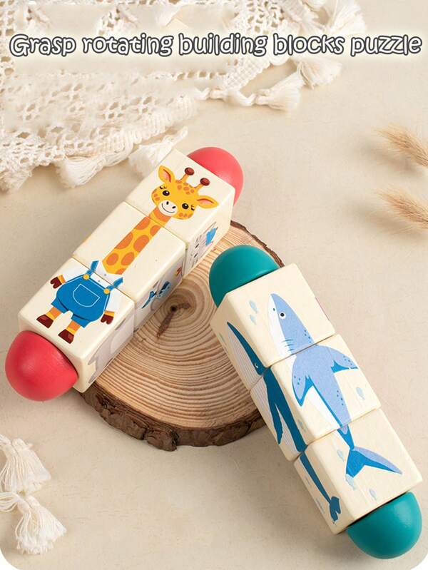 Juguetes de bloques de construcción de rompecabezas tridimensionales de rotación con agarre de madera para bebés, tablero de rompecabezas de rotación con diseño de dibujos animados, entrenamiento de motricidad fina de la mano, juguetes educativos de pensamiento lógico