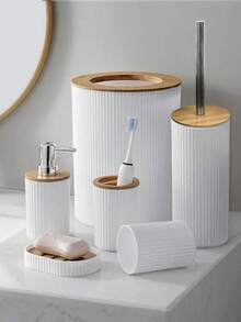 4/6件套浴室套装，竹盖垃圾桶，马桶，刷子，乳液瓶，牙刷杯，肥皂盒，漱口杯套装返校 - 彩色 - 查看 2