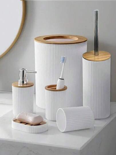 4/6 Piece Bathroom Set, Bamboo Lid Trash Can, Toilet, Brush, Lotion Bottle, Toothbrush Cup, Soap Box, Mouthwash Cup Set Back To School
