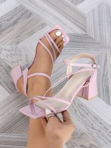 Women's Pink High Heel Sandals, Square Toe Chunky Heels, Elegant Ankle Strap Shoes For Wedding, Party, Fashion & Charming - Pink - View 5