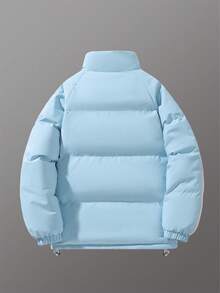 Men's Long Sleeve Fashion Colorblock Side Tape Decor Letter Print Elastic Cuff Reversible Warm Padded Coat For Winter - Baby Blue - View 2