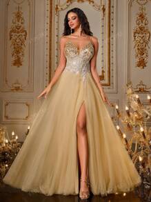 VIPGIRL Vestido de gala de tul con lentejuelas dorado champán, vestido de noche con tirantes finos brillantes, vestido formal con abertura, vestido maxi escote corazón para mujer, vestido de fiesta glamoroso, atuendo para graduación y gala