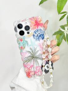Braided Wave Edge Elegant TPU Flower Shell Coconut Tree Pattern Shockproof Phone Case With Handmade Beaded Bracelet Accessory, Compatible With IPhone 16/11/16pro/16plus/16promax/16e/15Promax/13/14/12/XS/XR/7G/8PXR/7/8 Painted Covers For IPhone15Promax, IPhone13, IPhone14, Anti-Drop Soft Shell Cover