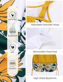 Womens Plus Size Striped Printed Strappy Tankini Top With Shorts Two Pieces Swimsuit - Yellow - View 3