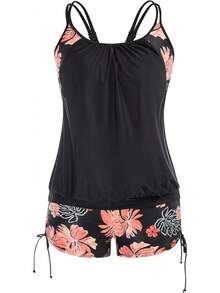 Womens Plus Size Striped Printed Strappy Tankini Top With Shorts Two Pieces Swimsuit - Black - View 1