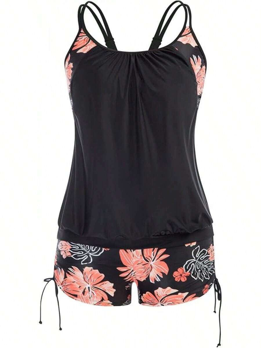 Womens Plus Size Striped Printed Strappy Tankini Top With Shorts Two Pieces Swimsuit - Black - View 1