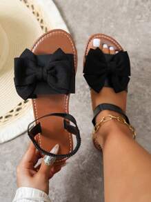 Women's 2025 Summer New Fashion Sweet Style Wide Strap Bow Decor Elastic Ankle Strap Flat Sandals, Soft Sole Comfortable Anti-Slip Suitable For Work And Casual Outfits
