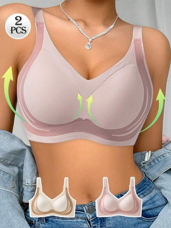 2pcs Pink And Green Women Wireless Full Coverage Bras With Lift And Enhance, Comfortable For Sports & Yoga