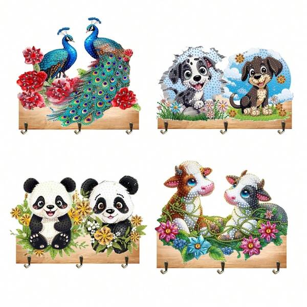 1pc DIY Diamond Painting Wall Mounted Key Holder For Hallway, Entrance Hall - Peacock, Dogs, Pandas, Cows Patterns,Special Shape Crystal Rhinestone Diamond Art Key Holder Hooks Wood Organizer Hanger Rack Wall Mounted With 3 Hooks, Home Sweet Home Wall Decor For Entryway Front Door Kitchen Hallway Garage Mudroom Office, A Great Housewarming Gifts For Friends And Family