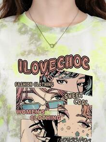 Women's Fashionable Tie-Dye & Cartoon Print Long Sleeve T-Shirt, Versatile Top - 0A32 Fluorescent Yellow-669 - View 5