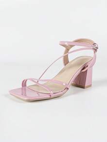 Women's Pink High Heel Sandals, Square Toe Chunky Heels, Elegant Ankle Strap Shoes For Wedding, Party, Fashion & Charming - Pink - View 7