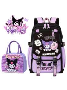 Sanrio Kuromi Anime Rucksack mit Lunch-Tasche, Nylon Laptop-Rucksack für Jungen und Mädchen, Mehrere Fächer, externer Geräteport, wasserdichtes Design, verstellbare Schultergurte, ideal für Schule, täglichen Gebrauch und Reisen, süßer Cartoon-Muster, thematische Lunch-Tasche, Reißverschluss-Verschluss, Schul-Rucksack