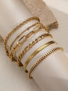 6pcs Set Simple Stainless Steel Twist Chain Bracelets, Suitable For Women's Daily Wear