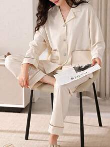 AICJ 休闲宽松条纹印花翻领睡衣套装，包括长袖上衣和长裤，适合春秋冬季保暖秋季服装