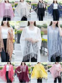 Woman's Plus Size Friendly Boho Cover Up, Lace Kimono, Women's Plus Floral Lace Batwing Sleeve Cover-Up, Open Front Tassel Trim Kimono, Lightweight Beach Cover Up - 藕粉色 - 查看 3