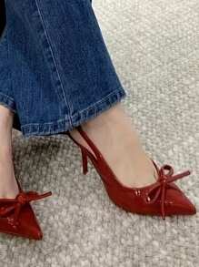 Wine Red High Heels Women's French Toe-Covered Sandals With An Open Back For Summer 2025; New Style With A Shoe And Bowknot.