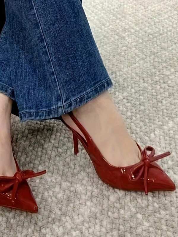 Wine Red High Heels Women's French Toe-Covered Sandals With An Open Back For Summer 2025; New Style With A Single Shoe And Bow Tie.