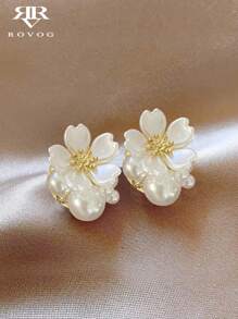 1 par de pendientes elegantes con diseño floral y perlas artificiales, diseño minimalista francés, de moda para fiestas y vacaciones