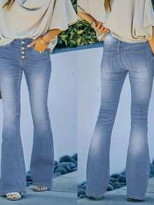 女式性感修身休闲黑色牛仔喇叭裤，优雅弹力修身喇叭裤，适合秋冬穿着 - 淺色水洗藍 - 查看 5