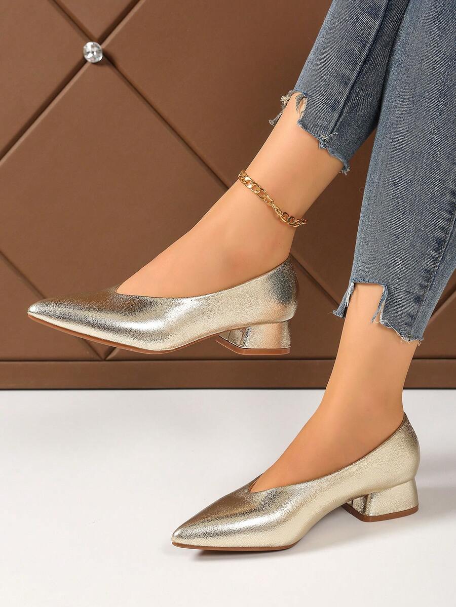 Women's Solid Color Block Heel Pumps, Elegant Basic Business Style Fashion Office Wedding Shoes, Spring/Summer/Autumn - Gold - View 1