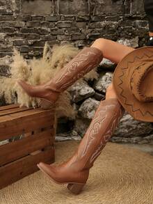 FVPFVP 复古刺绣西部牛仔靴，女式2025年夏季新款马靴，粗跟，棕色长靴，修身女鞋