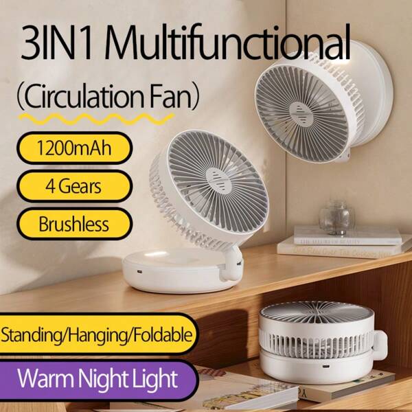 1pc 2025 New 3in1 Multifunctional Rechargeable Circulating Fan, Foldable Desk Fan, Wall-Mounted Fan, Table Fan, Mini Portable Fan, 4 Speeds, 90° Adjustable, 1200mAh Rechargeable Battery, Brushless Quiet Motor, Warm Night Light, With Seamless Hook, Suitable For Office, Home, Outdoor