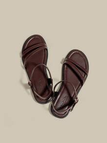 Women's Brown Coffee Flat Peep Toe Strap Sandals, Minimalist Slim Straps Soft Sole Beach Flip Flops, Summer