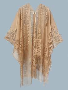 Woman's Plus Size Friendly Boho Cover Up, Lace Kimono, Women's Plus Floral Lace Batwing Sleeve Cover-Up, Open Front Tassel Trim Kimono, Lightweight Beach Cover Up - Cà phê nâu - Xem 3