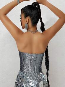 Rave Punk metallisches silbernes Haken und Öse Schnürung rückenfrei PU Leder Korsage Formwäsche Crop Clubwear Tube Top