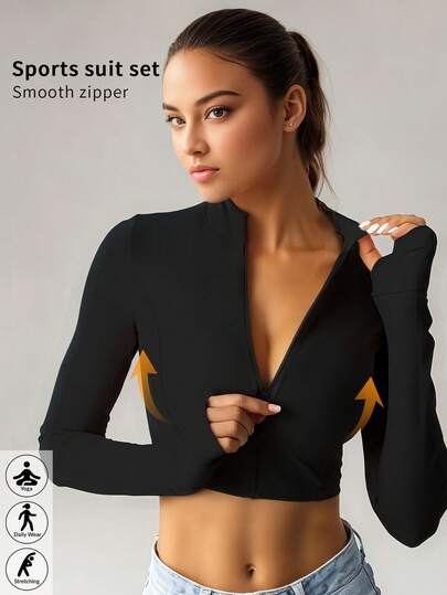 1 件秋冬高腰紧身短款运动夹克，户外运动跑步健身瑜伽长袖运动服