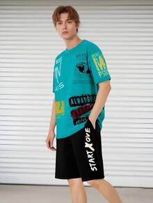 Conjunto de camiseta de manga corta con cuello redondo y estampado de letras, y pantalones cortos casuales para hombre. Conjunto de 3 piezas de verano para hombre - Verde - Ver 2