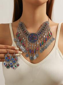 Women's Charming Exotic Palace Retro Mixed Color Versatile Necklace Earrings Jewelry Set, Suitable For Banquet, Evening Party, Travel Outfit Accessories, Gift