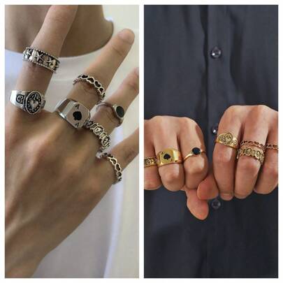 7 Pcs/Set Fashionable Street Geometric Hollow Drop Oil Rings Set, Suitable For Men's Daily Wear