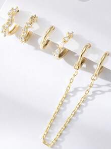 Shescity 5件套时尚锆石耳环，不对称流苏单耳设计，百搭简约优雅 - 金黃色0404 - 查看 3