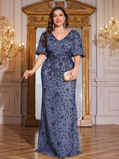 hezixi Plus Size damska wysokiej jakości elastyczna koralikowa niezwykle dopasowana dekolt w serek bufiaste rękawy elegancka luksusowa wieczorowa sukienka na imprezę, formalna sukienka dla matki panny młodej (ciężka robota)