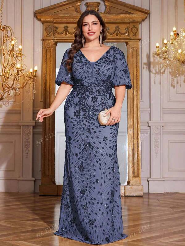 hezixi Plus Size Women's High Quality Elastic Beaded Extremely Fitted V-Neck Puff Sleeve Elegant Luxurious Party Evening Gown Dress, Formal Mother Of The Bride Dress (Heavy Work)