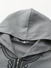 Loose Muslim Men's Robe, Short Sleeve Embroidered Hooded Zip-Up Robe, Islamic , Men's Casual Long Robe - Grey - View 5