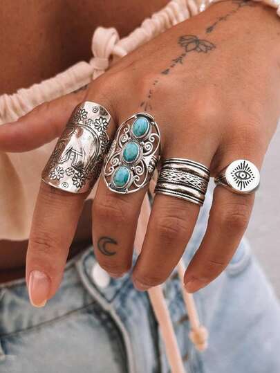 4 件波西米亚复古银质大象与绿松石镶嵌宽环图腾眼图案女式戒指