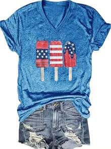 4th Of July V Neck Patriotic T-Shirts Women American Flag Print Faith Family Freedom Letter Casual Short Sleeve Tee Tops Halloween Christmas New Year - 藍色-2 - 查看 1